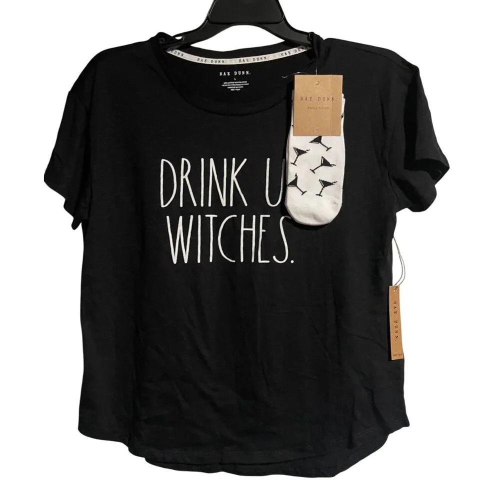 Rae Dunn Drink Up Witches T-Shirt With Ankle Socks Womens L Black & White - Picture 1 of 10